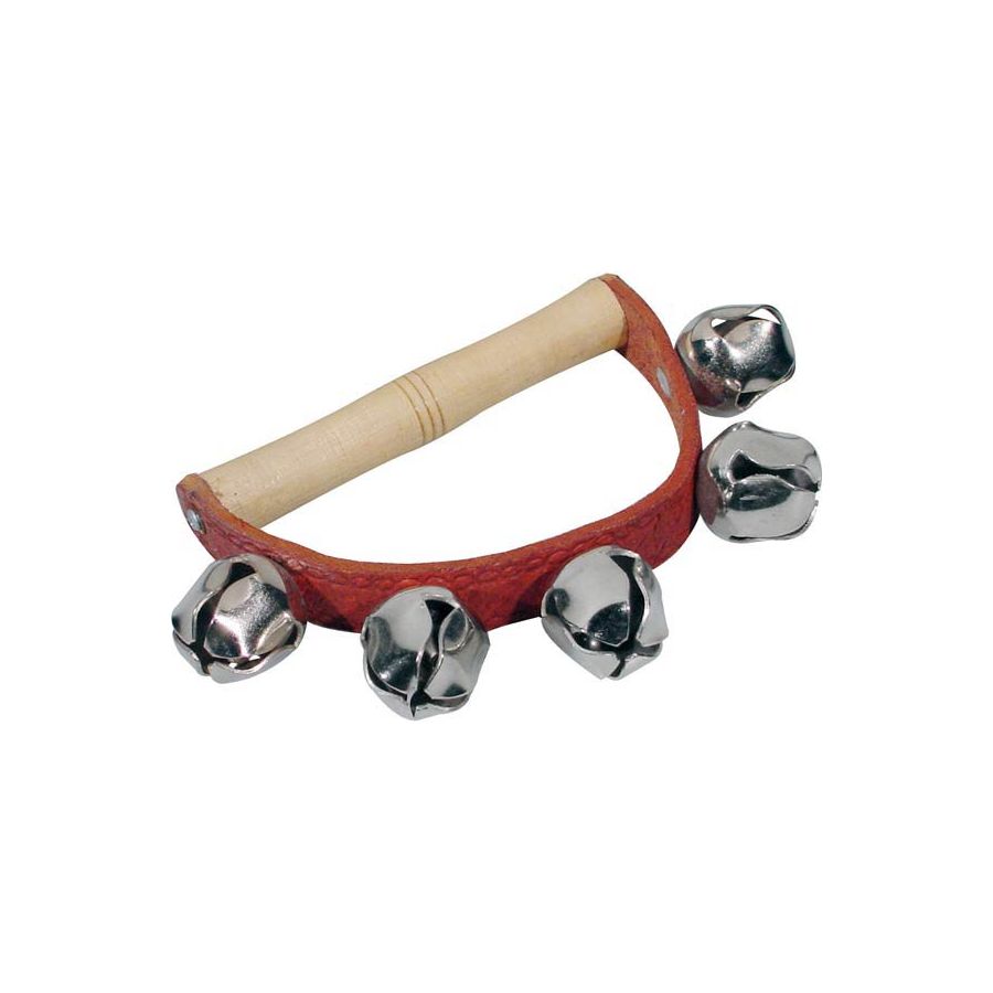 Hayman Hand jingle bells, with handle, wood and leather, 5 bells of 25 mm.