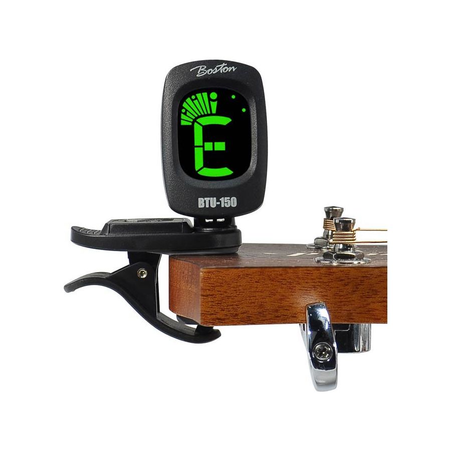 Boston BTU-150 Chromatic Clip Tuner with Multi-Color Display and Auto Power On/Off On A Guitar Headstock