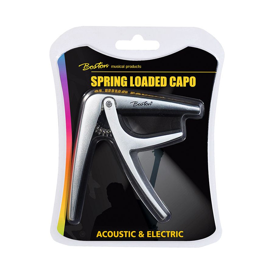 Boston Spring Loaded Capo for Acoustic or Electric Guitar Silver Front View