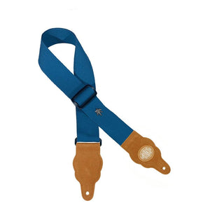 guitar strap, hemp with brown suede slips, cobalt blue